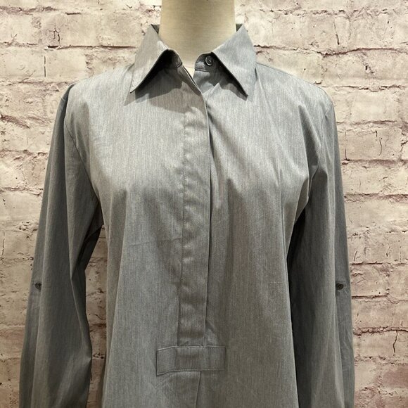 Lafayette 148 Gray Stretch Cotton Poplin Tunic Popover Blouse Pockets Size 4 - Picture 2 of 3